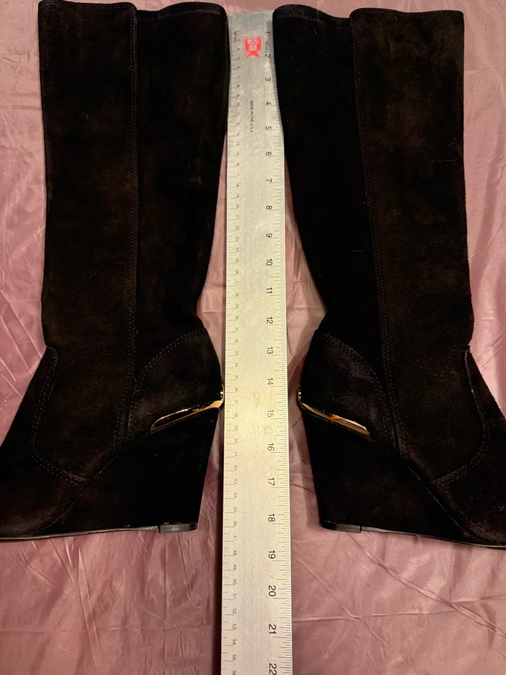 Tory Burch Hendin Black Gold Suede Leather Knee-High 3.5” Wedge Boots Size 8